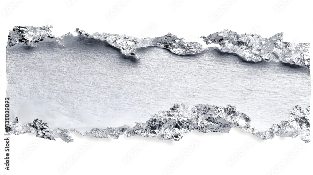 Poster a visually arresting image of torn silver foil, creating a contrasting frame around a lighter textur