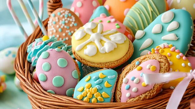 Colorful easter basket with decorated cookies in a wicker basket