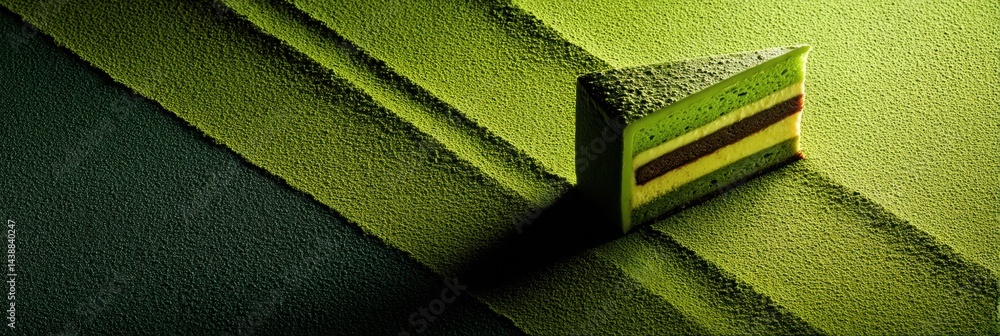 Poster minimalist matcha cake on textured surface with abstract shadow play at a cozy cafe during afternoon