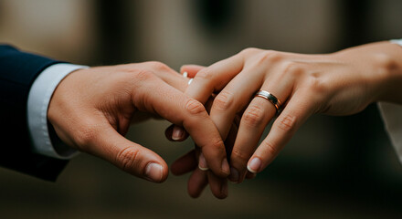 Close-up of a couple holding hands, their wedding rings are on display, symbolizing love, commitment, and the start of a new chapter.