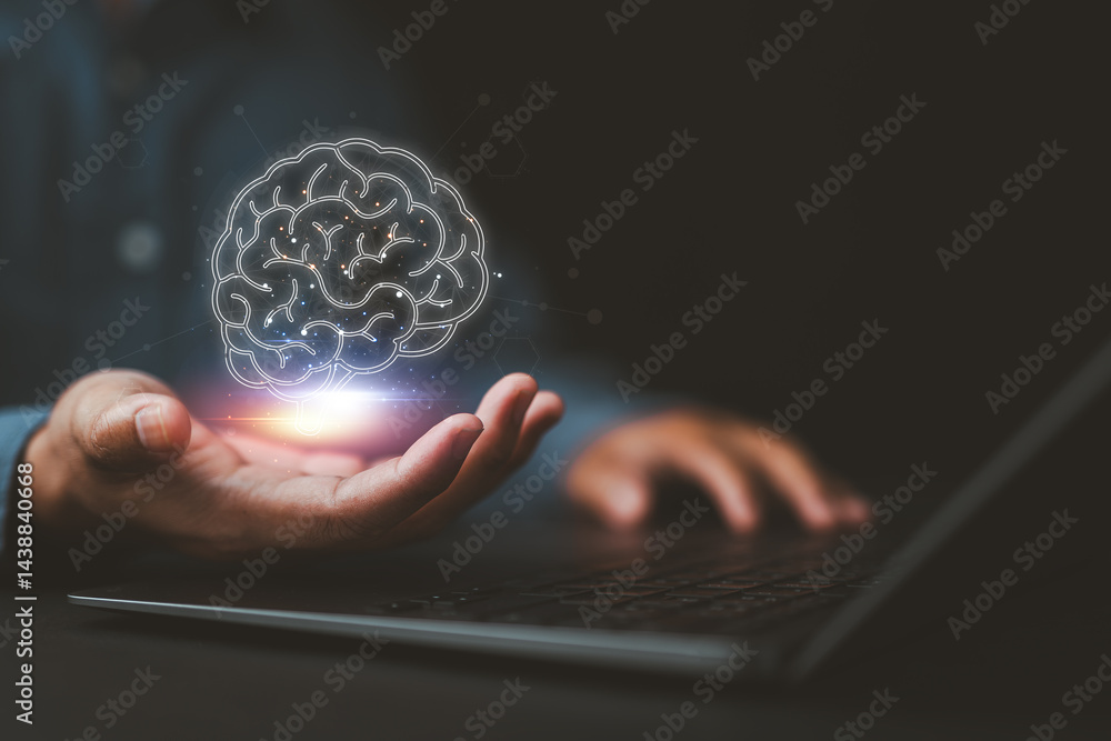 Poster Machine learning and artificial intelligence. AI Artificial Intelligence concept. Deep learning. Mindfulness. Psychology. Brain, Nervous System concept. Human brain, thinking concept.