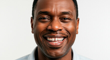 Obraz premium Portrait of a man with a joyful smile, showcasing happiness and warmth. The focus is on his expressive eyes and genuine expression.