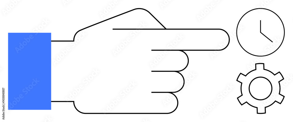Poster hand pointing right towards a clock and gear icon. ideal for time management, workflow efficiency, t