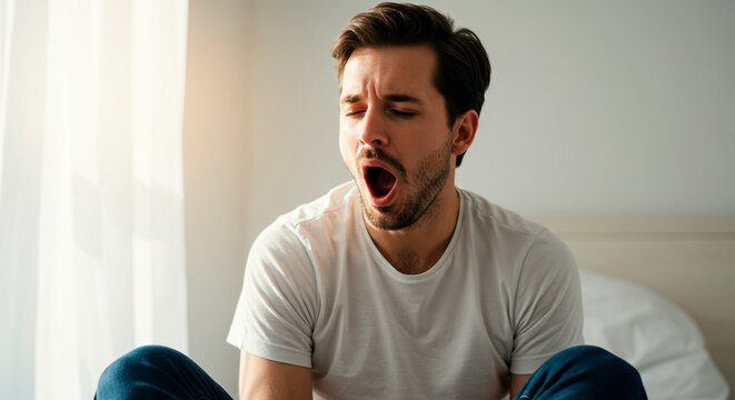 Sleepy morning: A man in bed is yawning, possibly from fatigue or just waking up. He's sitting up, still in pajamas.