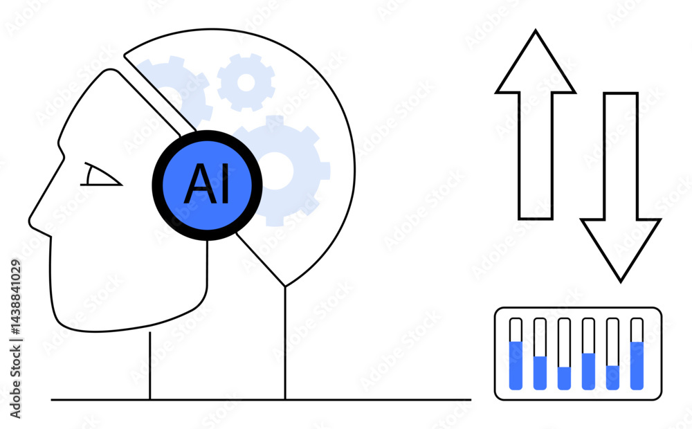 Poster human head outline with ai text and gears, upward and downward arrows, and interface sliders. ideal 