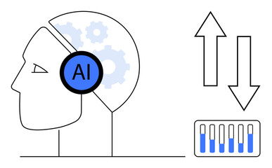 Human head outline with AI text and gears, upward and downward arrows, and interface sliders. Ideal for innovation, machine learning, automation, decision-making, progress, efficiency simple landing