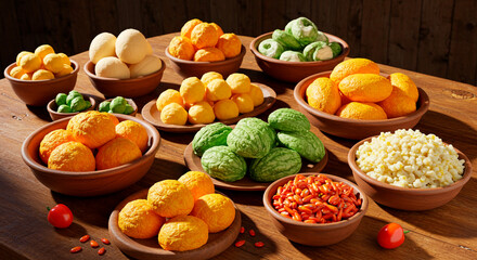 Vibrant assortment of colorful, round fruits and seeds displayed in rustic clay bowls on a warm wooden surface. Festive harvest.