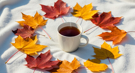 Cozy autumn scene with warm beverage encircled by colorful fall foliage, creating a comforting seasonal aesthetic.