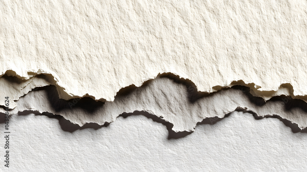 Poster torn paper layers in creamy white tones create an abstract textured surface with rough edges and sha