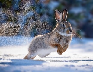 Obraz premium Wild rabbit running and kicking up snow in winter wonderland