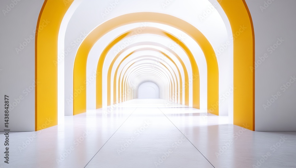 Poster 3d render, an abstract futuristic background with white and yellow arches. the composition is symmet