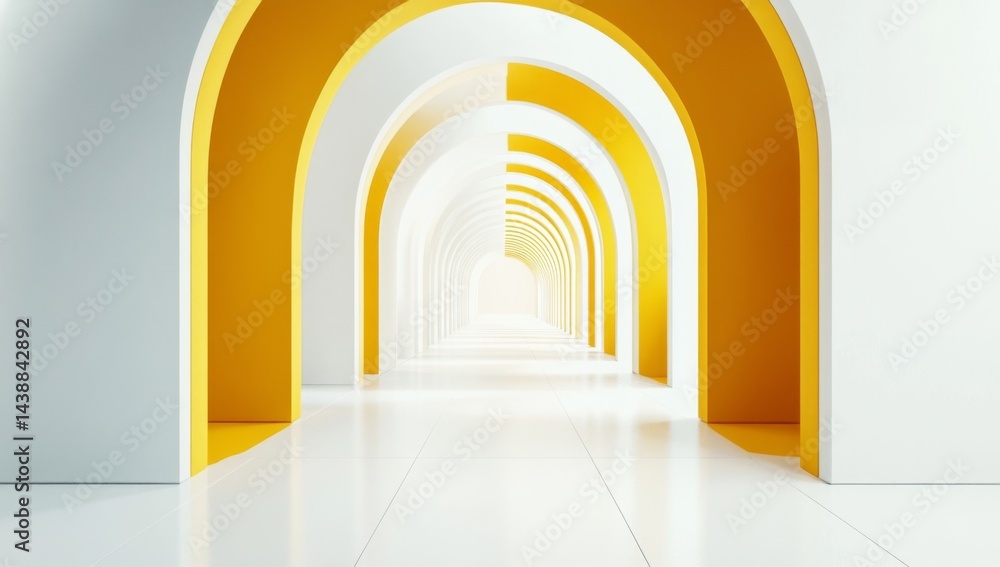 Poster 3d render, an abstract futuristic background with white and yellow arches. the composition is symmet