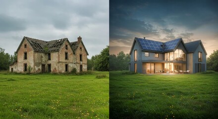 Obraz premium Transformación de una casa antigua en ruinas a vivienda moderna con energía solar