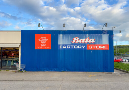 Muggia, Italy - 26 April 2025:Bata Factory Store Exterior with Branding Sign