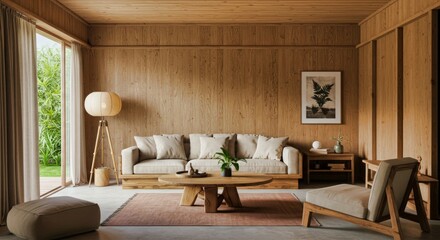 Sala de estar minimalista japonesa con sofá de lino y madera