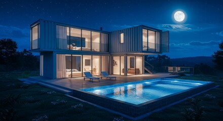 Casa moderna de contenedores iluminada por la noche con piscina