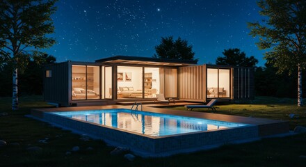 Casa contenedor moderna con piscina iluminada de noche