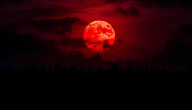 Dramatic blood moon rising over a dark, misty forest, casting an eerie red glow on the treetops