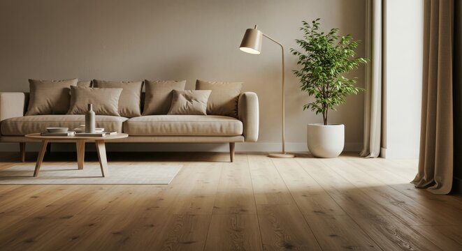 Sala de estar moderna y minimalista con sof&aacute; beige, planta y suelo de madera.