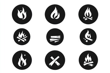 Campfire icons; various flames, wood; website design