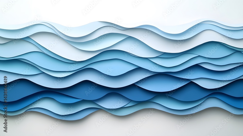 Poster abstract layered paper art depicting ocean waves in shades of blue. smooth curves and gradients crea