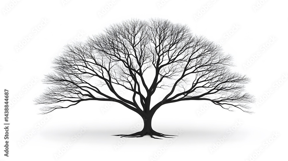 Poster silhouette of a large, leafless tree isolated on a white background. the tree's branches spread wide