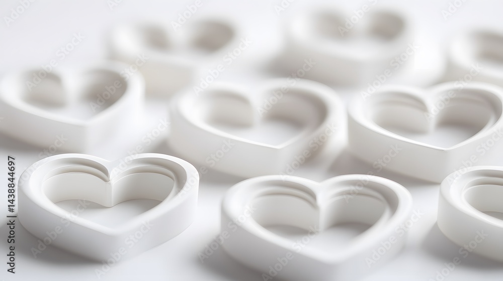 Poster close-up of multiple white heart shapes arranged on a white background. the hearts are slightly out 