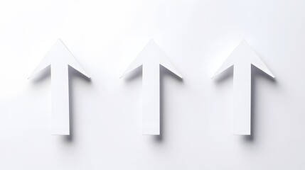 Three identical white upward arrows arranged in a row against a minimalist white background.  Simple, clean design representing growth, progress, and success.