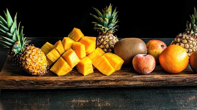Fresh tropical fruit arrangement on rustic wooden tray with pineapple and mango focus transition