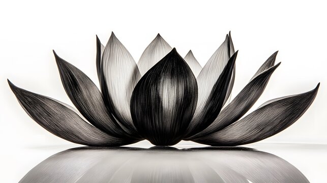 A striking monochrome image of a lotus flower.  Its petals are intricately detailed, showcasing a delicate yet powerful form against a stark white background. The flower's reflection adds depth. - Powered by Adobe