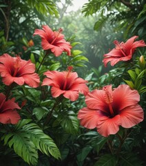 Obraz premium Vibrant hibiscus blooms amidst lush tropical foliage , photography, nature, image
