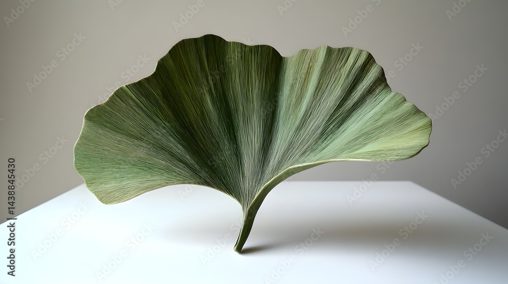 Poster a single, large ginkgo biloba leaf rests on a white surface against a muted background. its delicate