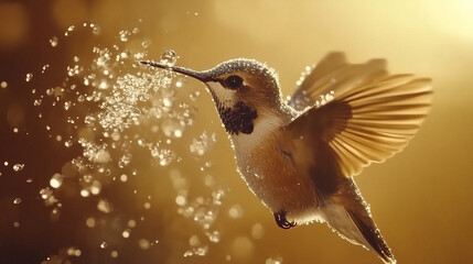High-speed macro shot of hummingbird mid-hover with dew spray frozen mid-air