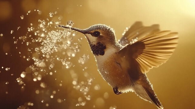 High-speed macro shot of hummingbird mid-hover with dew spray frozen mid-air