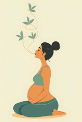 Pregnant woman meditating with green vines, eco-friendly birth symbol