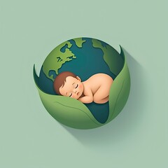 Sleeping baby wrapped in Earth and leaves, eco-friendly birth