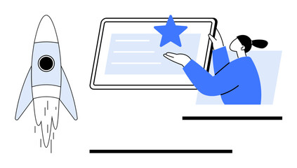 Rocket launching symbolizes innovation. Woman evaluates results using a star and screen. Ideal for success, progress, motivation, creativity, achievement, productivity goals. Clean flat simple
