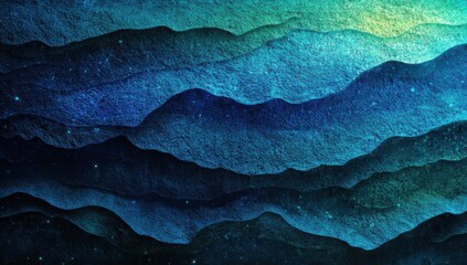 Abstract layered mountain range with vibrant blues and greens.  A textured, artistic portrayal of a landscape