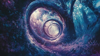 Mystical forest tunnel spirals into the unknown.  Deep within a vibrant, otherworldly forest, twisting, spiral pathways lead to a hidden, luminous space