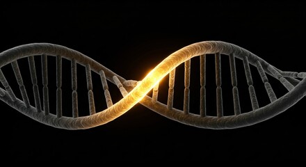 Glowing DNA strand on black background. Genetic engineering and biotechnology concept. Scientific research for World DNA Day and International Human Genome Day