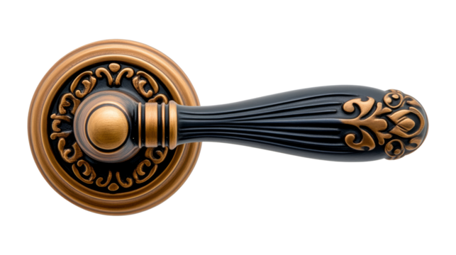 Elegant door handle featuring intricate designs and classic color combination of bronze and dark blue, perfect for enhancing aesthetic of any door on a transparent background