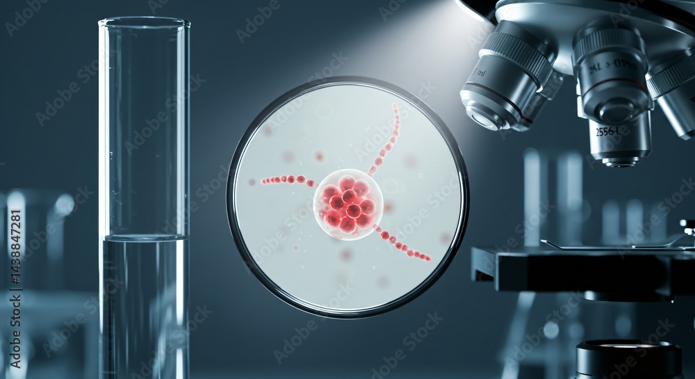Poster genetic research laboratory with microscope and cell sample. cloning and dna analysis concept. scien