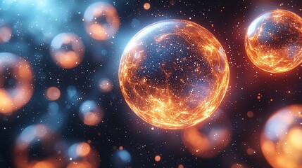 Fiery celestial spheres in space, bokeh background; science fiction concept