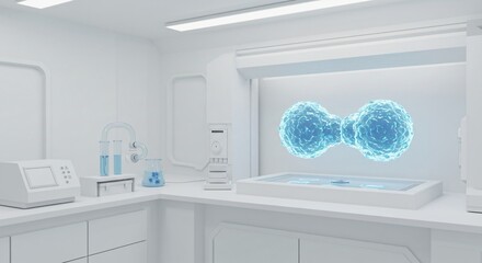 Holographic cell division in futuristic laboratory. Genetic research, cloning technology concept. Scientific innovation for Biology Day, DNA Day, Science Week events