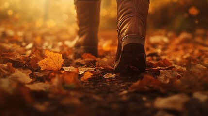 Obraz premium Autumn stroll: Boots walking on a path covered in fallen leaves on a fall day