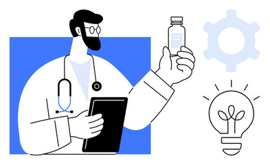 Doctor holding a tablet and medicine vial, symbolizing innovation, research, and technology. Light bulb and gear represent progress and ideas. Ideal for medicine, science, healthcare, technology