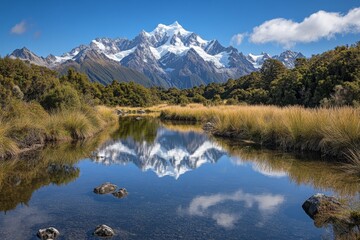 Majestic mountain reflected in tranquil alpine lake
