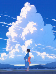 夏空に着物を着た女性のイラスト