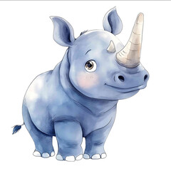 Watercolor cartoon drawn carelessly hand drawn cartoon rhino with cute cartoon eyes isolated on white background in detailed clip art style simple watercolor illustration with clean