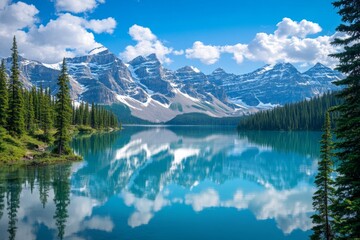 Serene alpine lake reflecting majestic mountains